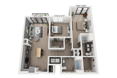Floor plan for 2 beds, 2 baths, 1142 sqft